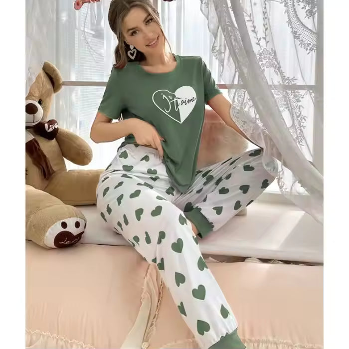 Valentine's Day Women's Casual Summer Outfit Set with Heart Print Pajamas